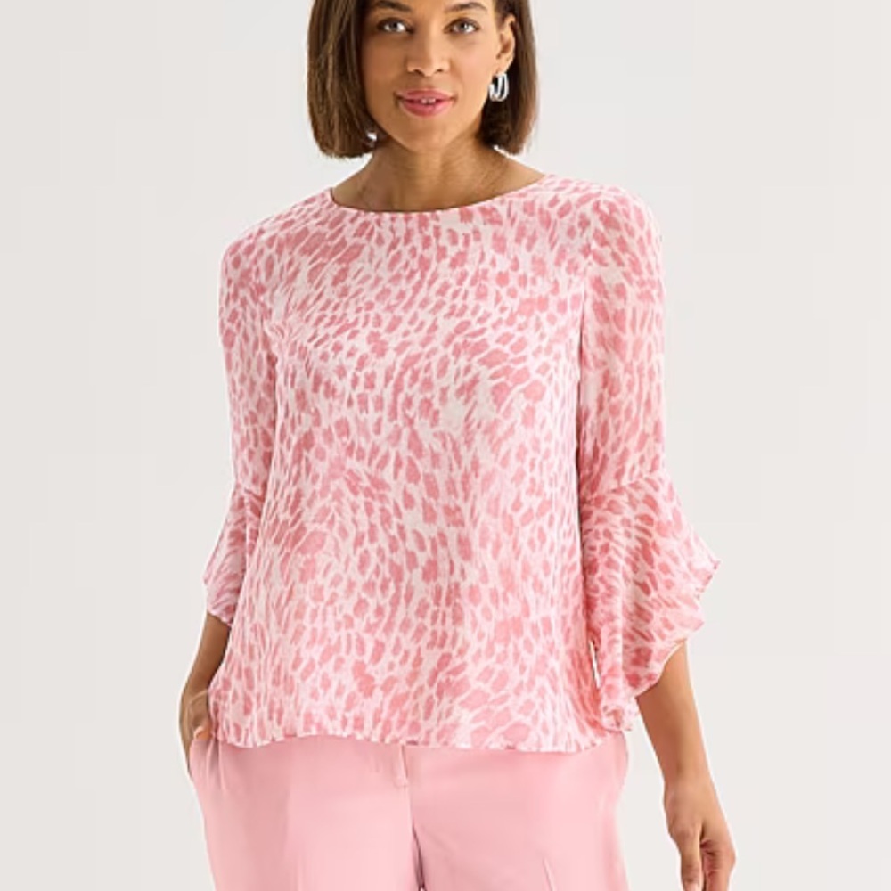 Black Label by Evan-Picone Pink Printed Ruffle-Sleeve Blouse Sz XL NWT